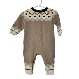 Next Baby Knit Romper 9-12 Months Nordic Pattern Brown Cream Buttons Snaps